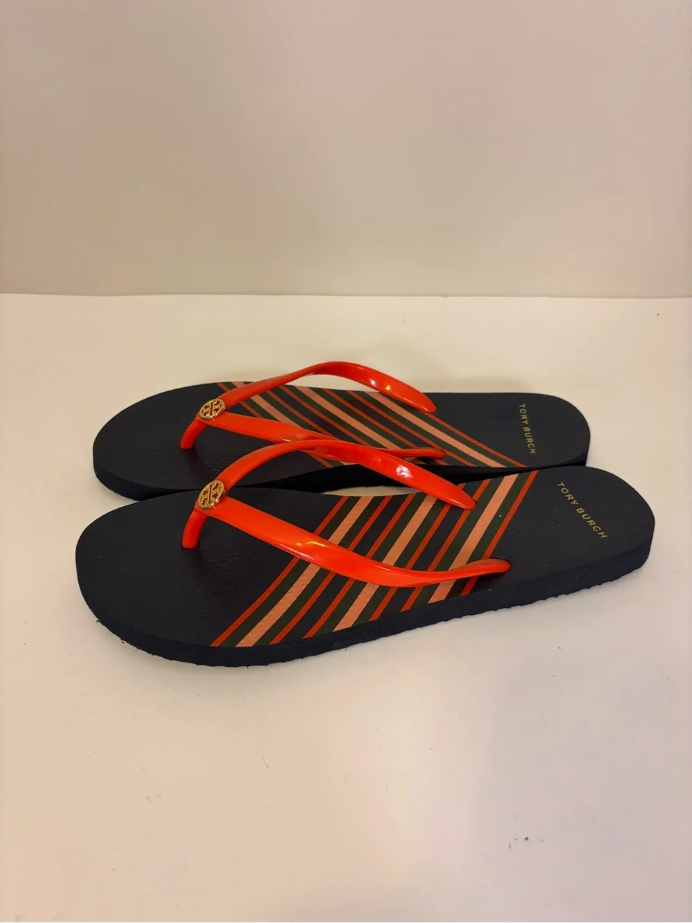 Tory Burch Navy Flip Flops with Orange Straps Sandals Women’s 9